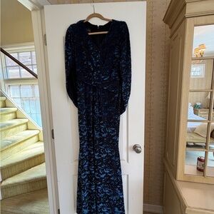 Deep Blue Velvet Long-Sleeve Evening Gown